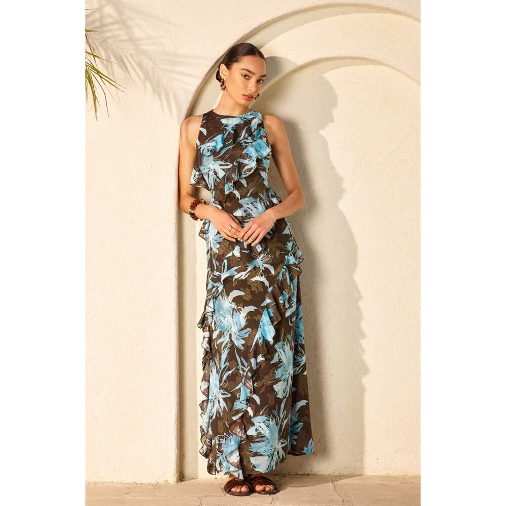 Commense Brown Blue Floral Chiffon Maxi Dress Ruffle Sleeveless Coastal Elegance